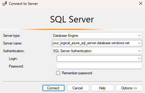 Captura de tela da caixa de diálogo da conexão com um servidor lógico do Banco de Dados SQL do Azure no SQL Server Management Studio (SSMS).