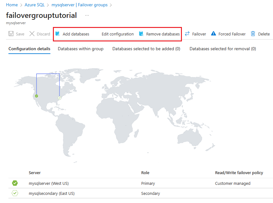 Captura de tela da página do grupo de failover no portal do Azure com a barra de comandos realçada.