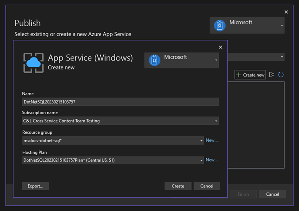 Uma captura de tela mostrando como implantar com o Visual Studio.