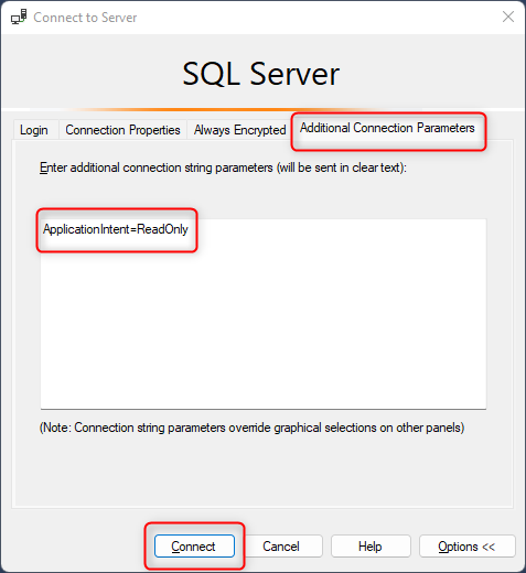 Captura de tela mostrando os Parâmetros de Conexão Adicionais do SSMS.