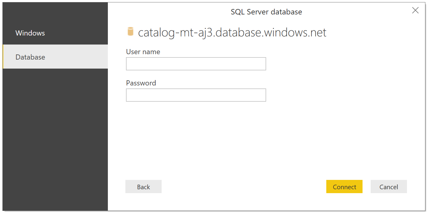 A captura de tela mostra a caixa de diálogo do banco de dados do SQL Server em que você pode inserir um nome de usuário e uma senha.