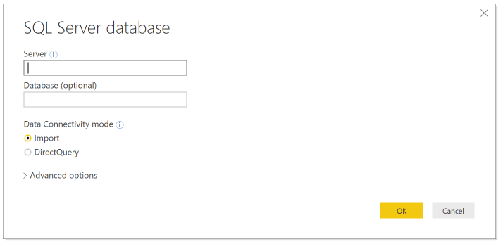 Captura de tela mostra a caixa de diálogo do banco de dados do SQL Server em que é possível inserir o Servidor e o Banco de Dados.