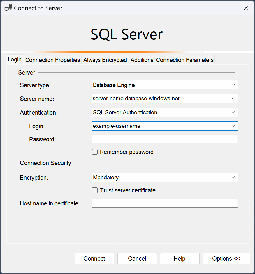 Captura de tela que mostra as informações necessárias para se conectar ao SQL Server.