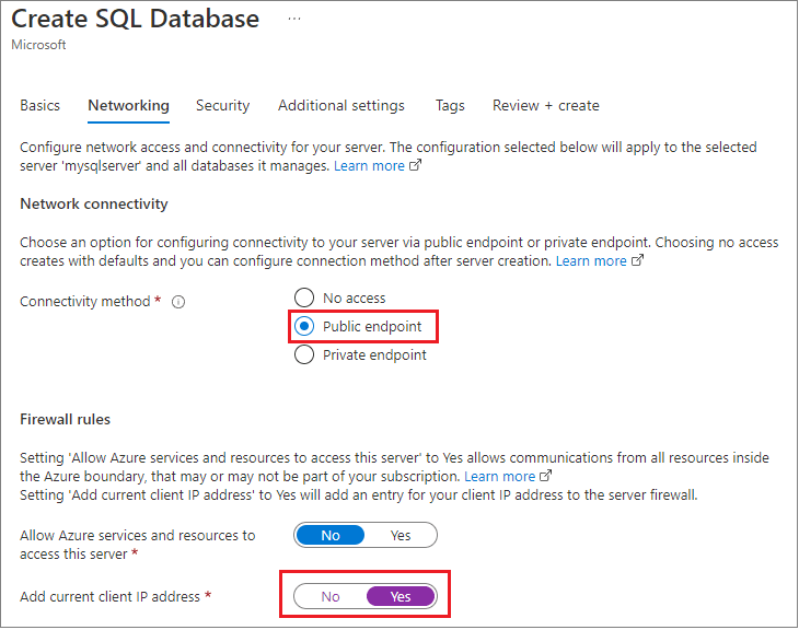 Captura de tela do portal do Azure mostrando a guia rede para regras de firewall.