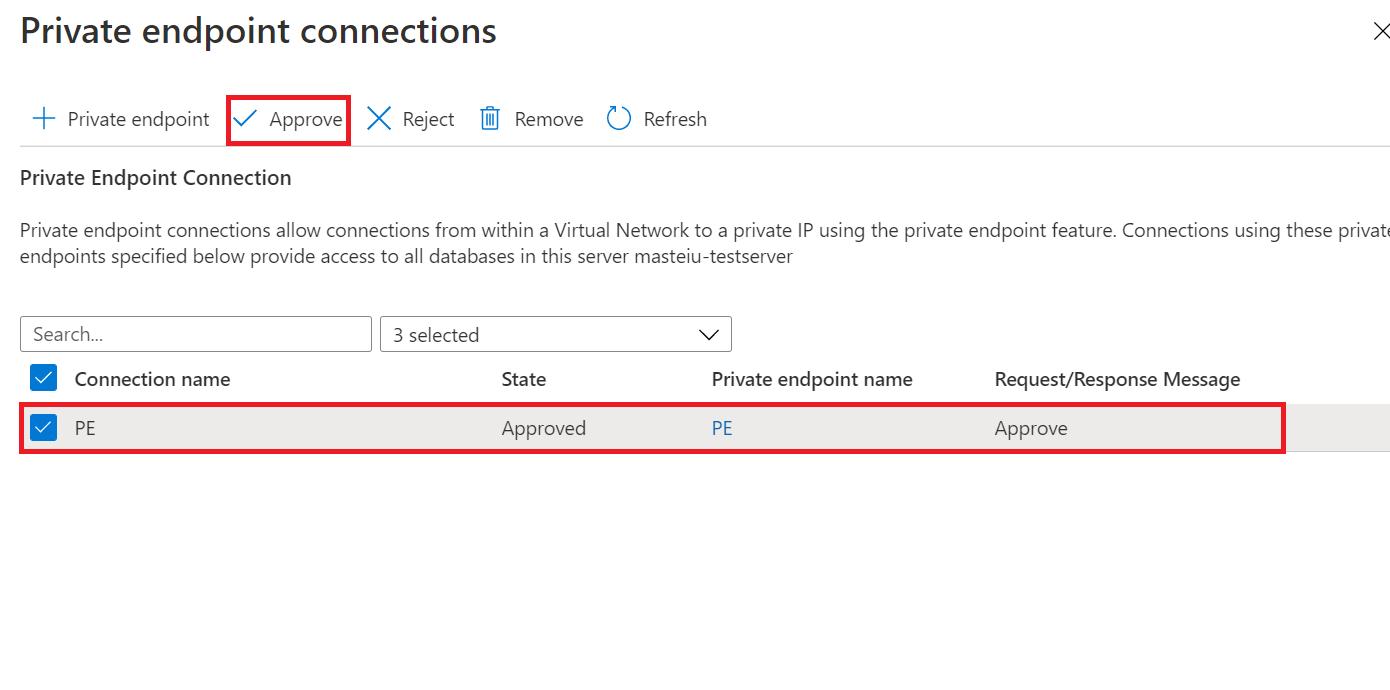 Captura de tela da página de conexões Ponto de extremidade privado do portal do Azure, mostrando onde aprovar um link privado.