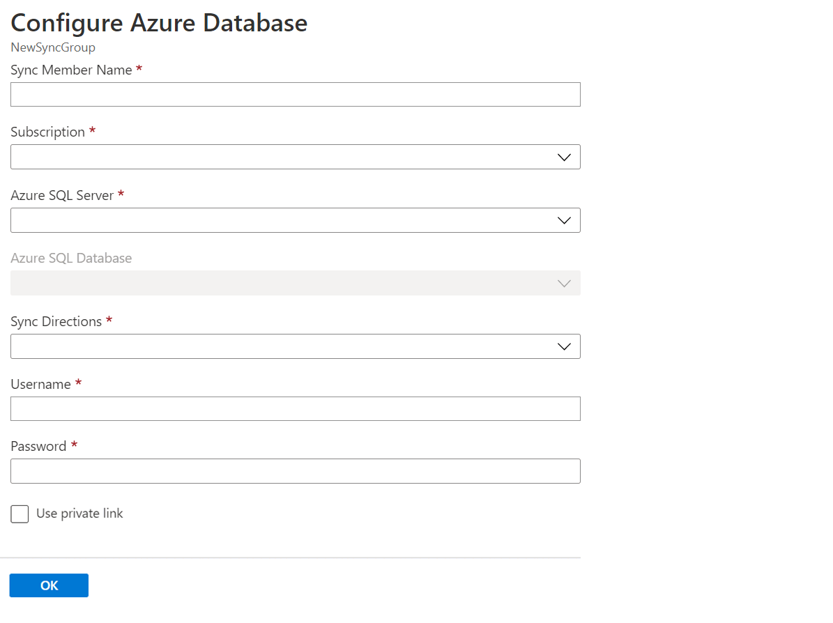 Captura de tela do portal do Azure da página Configurar Banco de Dados do Azure, onde você pode adicionar um banco de dados ao grupo de sincronização.