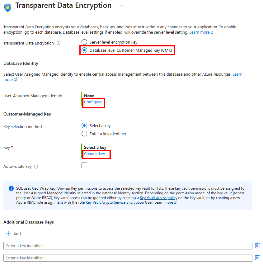 Captura de tela do menu do Transparent Data Encryption do portal do Azure.