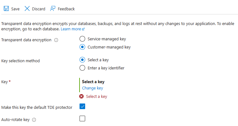 Captura de tela do menu do Transparent Data Encryption do portal do Azure para um banco de dados.