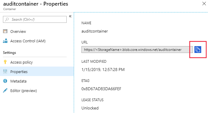 Captura de tela mostrando a URL de cópia do contêiner de Blob.
