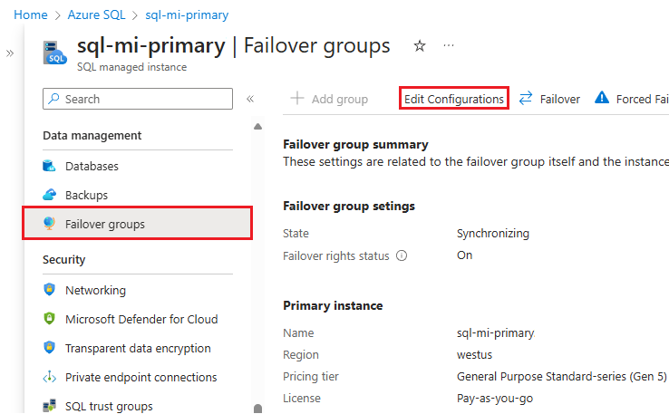 Captura de tela do painel de grupo de failover no portal do Azure, com Editar configurações realçado.