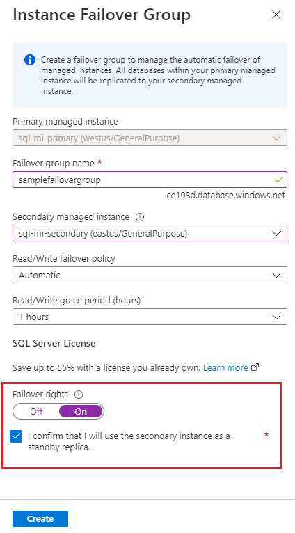 Captura de tela que mostra a criação de um novo grupo de failover no portal do Azure, com a opção de direitos de failover realçada. 