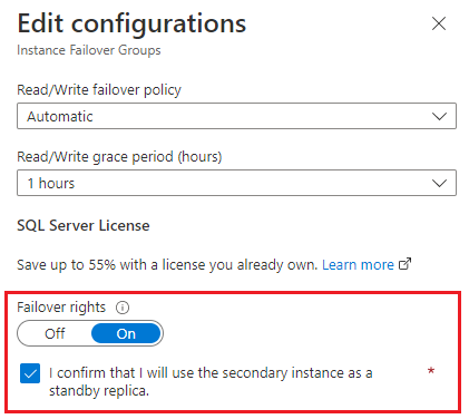 Captura de tela que mostra o painel Grupos de failover no portal e os Direitos de failover realçados. 