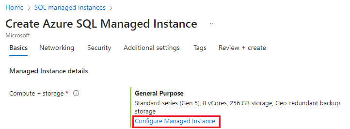 Captura de tela da criação de uma nova instância gerenciada no portal do Azure com a configuração da instância gerenciada selecionada.