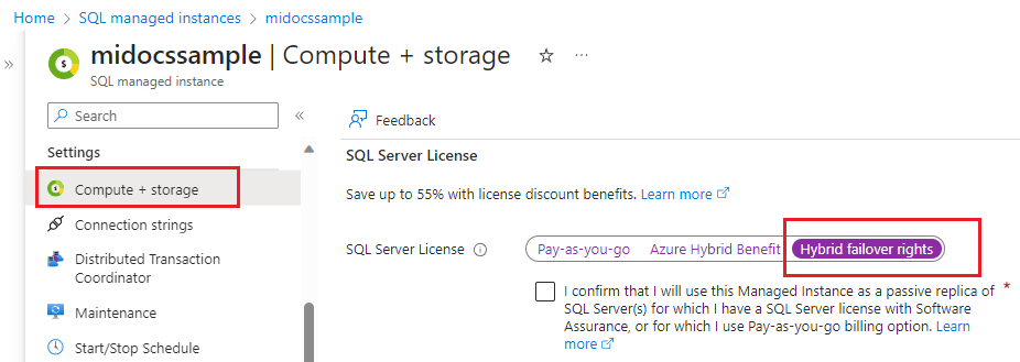 Captura de tela da página de computação e armazenamento de sua instância gerenciada no portal do Azure com direitos de failover híbrido realçados. 