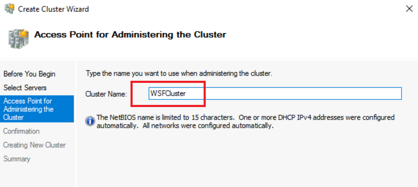 Captura de tela da inserção do nome do cluster.