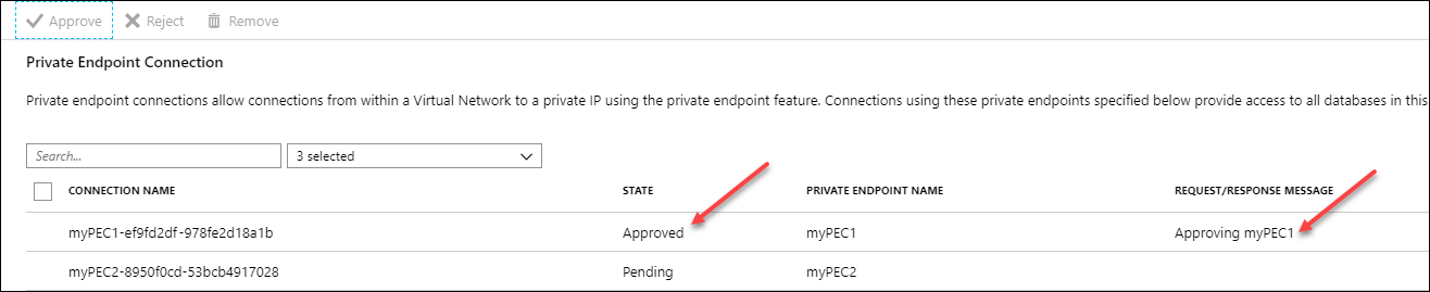 Captura de tela do portal do Azure, página de conexões de ponto de extremidade privado mostrando uma conexão pendente e uma aprovada.