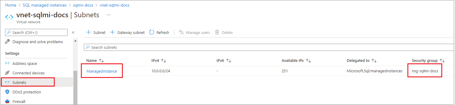 Captura de tela mostra a guia Sub-rede, onde você pode obter o GRUPO DE SEGURANÇA para sua instância gerenciada.