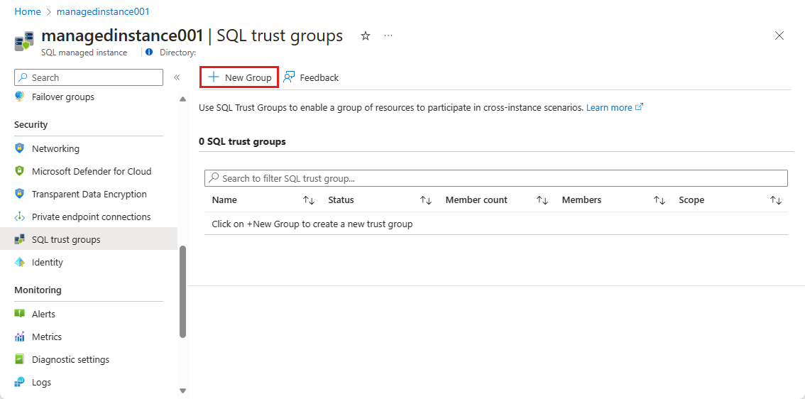 A captura de tela mostra a página de grupos de confiança do SQL com Novo Grupo selecionado.