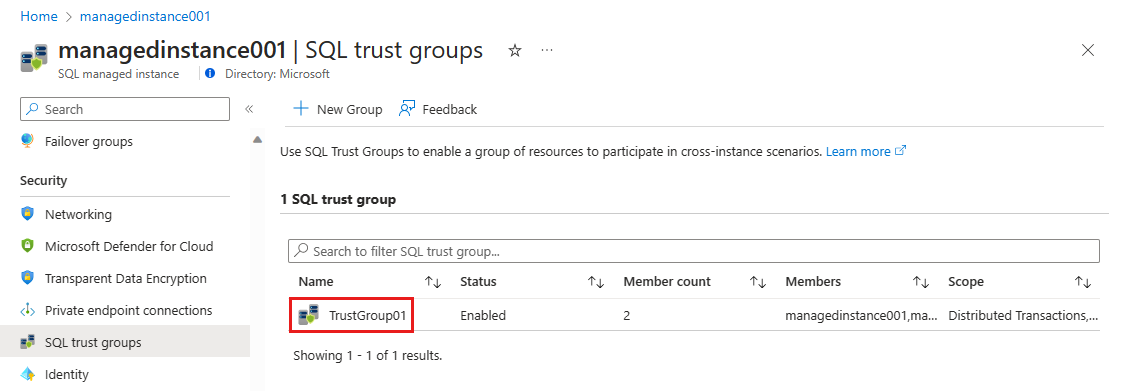 A captura de tela mostra a página grupos de confiança do SQL com um grupo realçado.