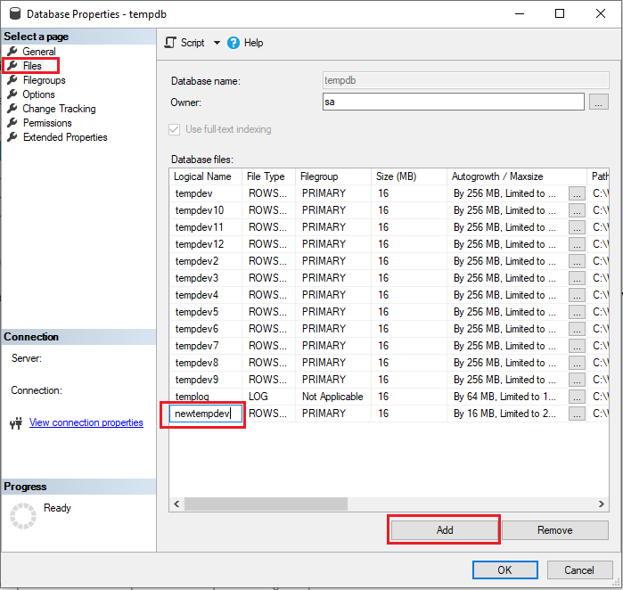 Captura de tela das Propriedades do banco de dados no SSMS, com o novo nome do arquivo de banco de dados realçado.