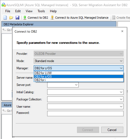 Captura de tela mostra opções para se conectar à instância do Db2.