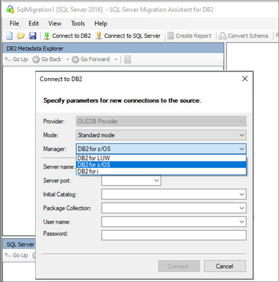 Captura de tela mostra opções para se conectar à instância do Db2.