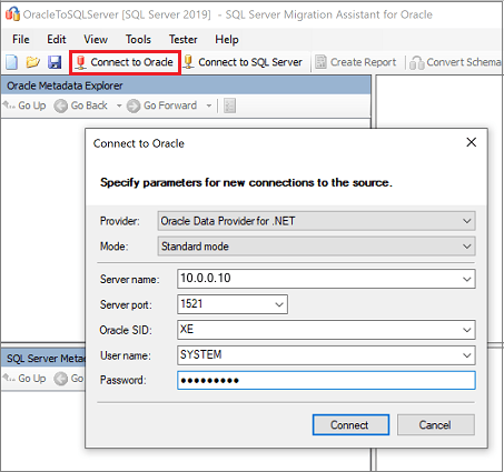 Captura de tela que mostra a caixa de diálogo Conectar-se ao Oracle.