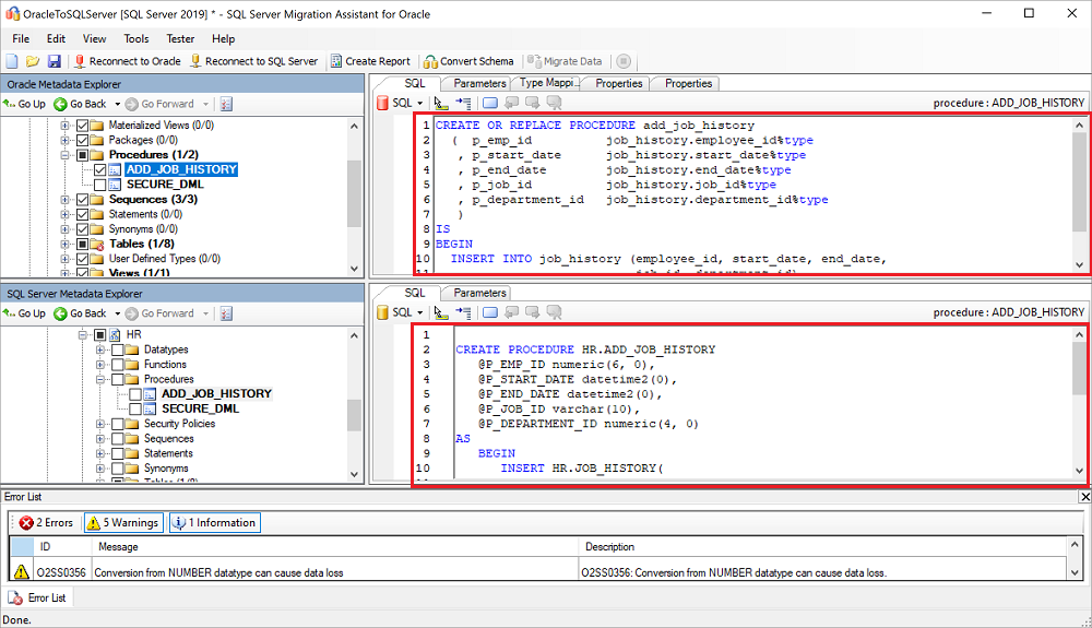 Captura de tela que mostra o Transact-SQL, procedimentos armazenados e um aviso.