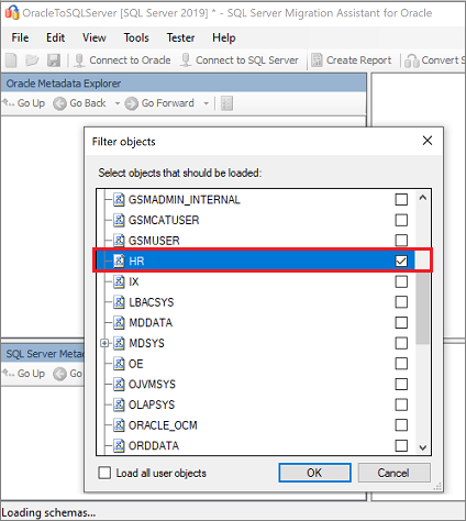 Captura de tela que mostra a lista de esquemas Oracle que podem ser migrados.