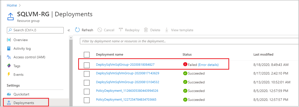 Captura de tela do portal do Azure mostrando uma implantação de grupo de disponibilidade com falha em uma lista de implantações.