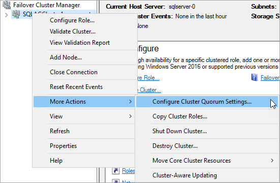 Captura de tela do Gerenciador de Cluster de Failover que mostra as seleções usadas para definir as configurações de quorum do cluster.