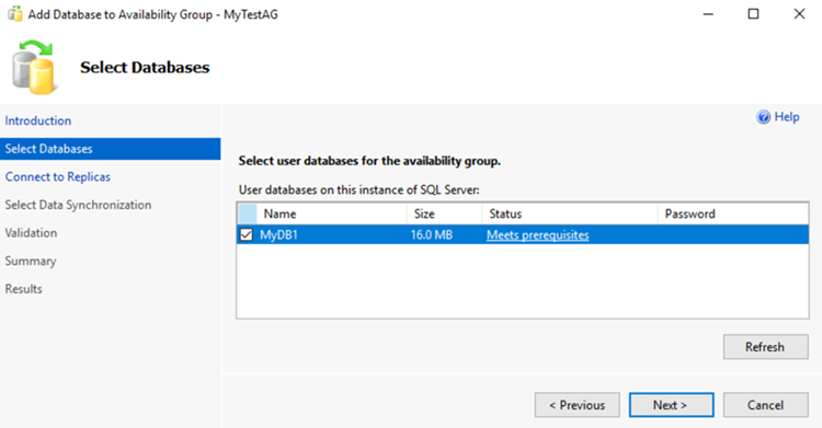 Captura de tela que mostra como selecionar bancos de dados no Assistente para Novo Grupo de Disponibilidade no SSMS.