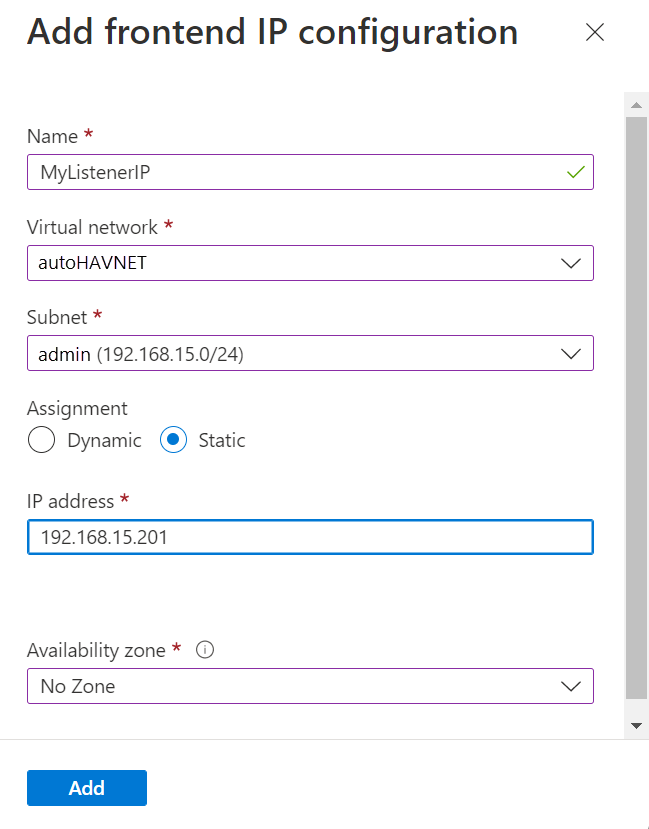 Captura de tela do portal do Azure, adicione a página de configuração de IP de front-end.