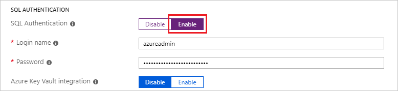 Captura de tela do portal do Azure das Opções de autenticação do SQL Server habilitadas.