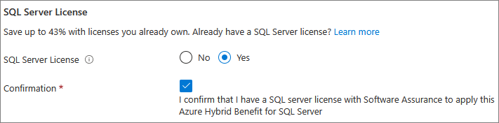 Captura de tela do portal do Azure das opções de licença de VM do SQL.