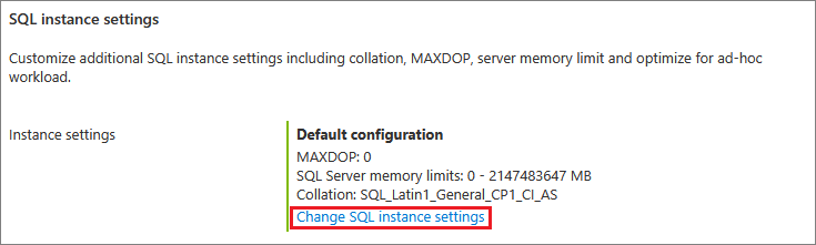 Captura de tela que mostra onde você pode definir as configurações do SQL Server para a VM do SQL.