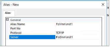 Use o nome completo da instância ao configurar um alias de rede para uma instância nomeada.