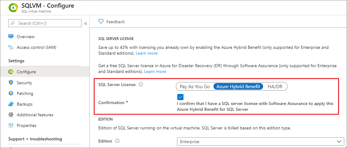 Captura de tela mostrando o Benefício Híbrido do Azure no portal.