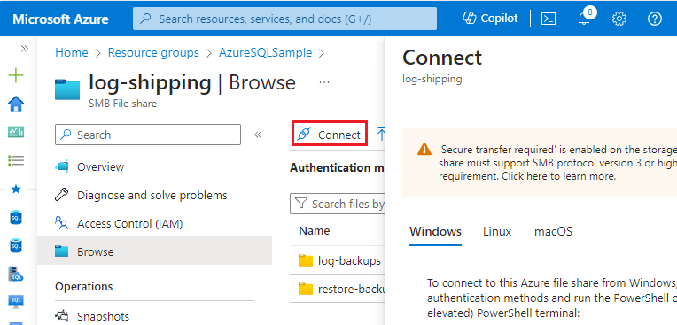 Captura de tela da opção Conectar para o compartilhamento de arquivo no portal do Azure.