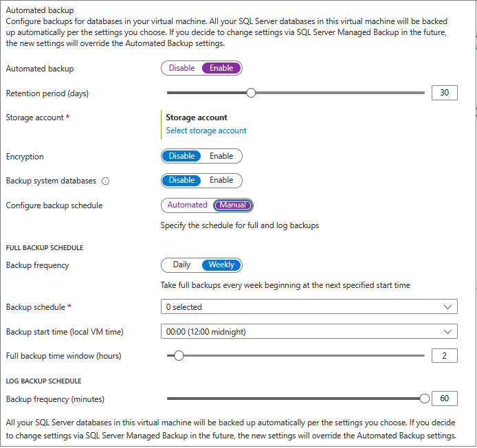 Captura de tela do portal do Azure, recurso de máquinas virtuais de SQL, que mostra a localização em que o backup automatizado e o agendamento são configurados.