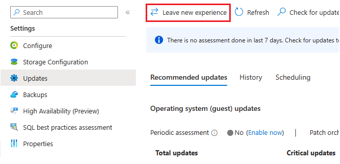 Captura de tela da página de atualizações no recurso de máquinas virtuais do SQL no portal do Azure com a nova experiência em destaque.