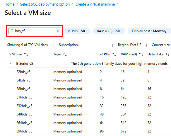 Captura de tela da página Selecionar tamanho do VM no portal do Azure.