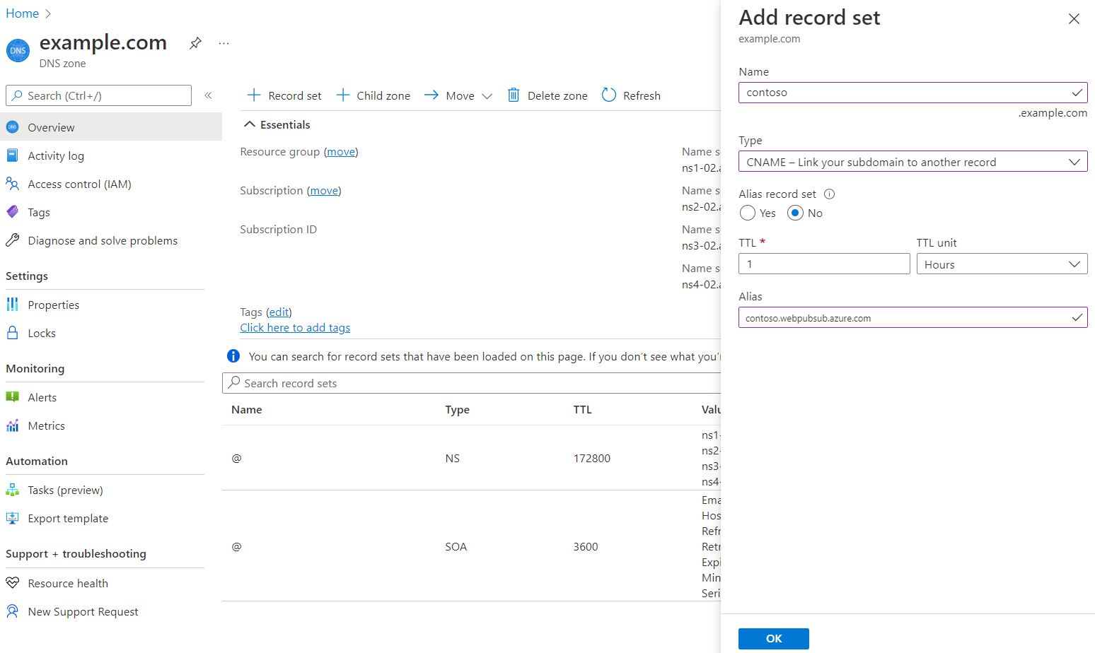 Captura de tela que mostra a adição de um registro CNAME na Zona DNS do Azure.