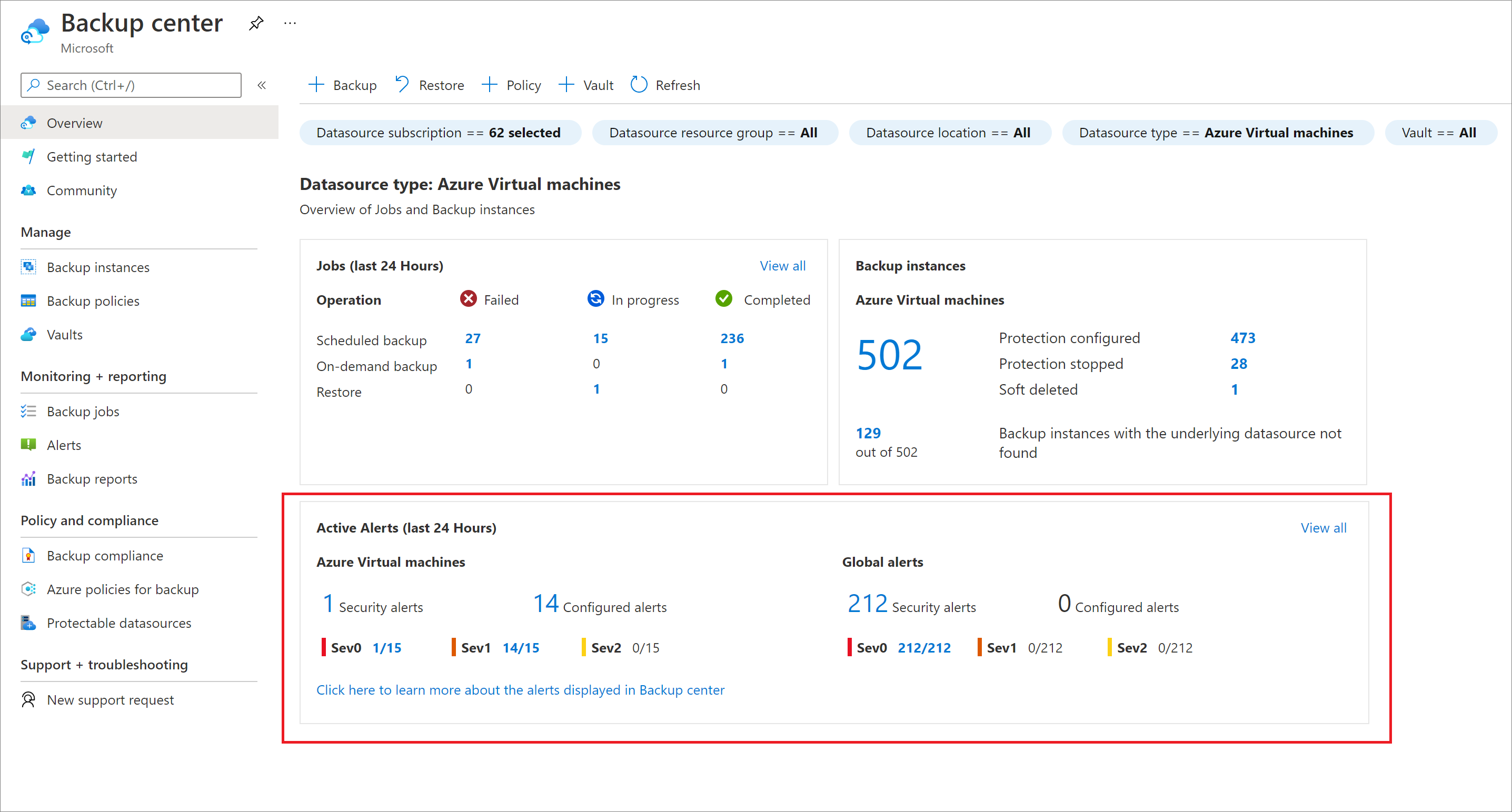 Captura de tela exibindo os alertas do Centro de Backup.