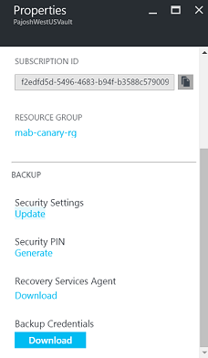Screenshot of Recovery Services vault properties