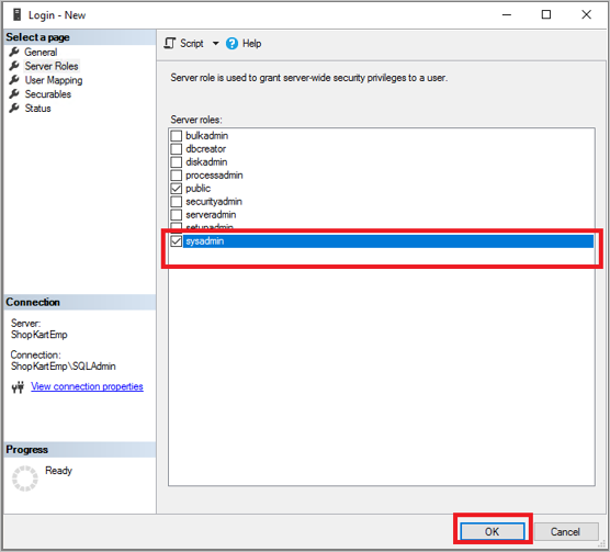 Verifique se a função de servidor sysadmin está selecionada