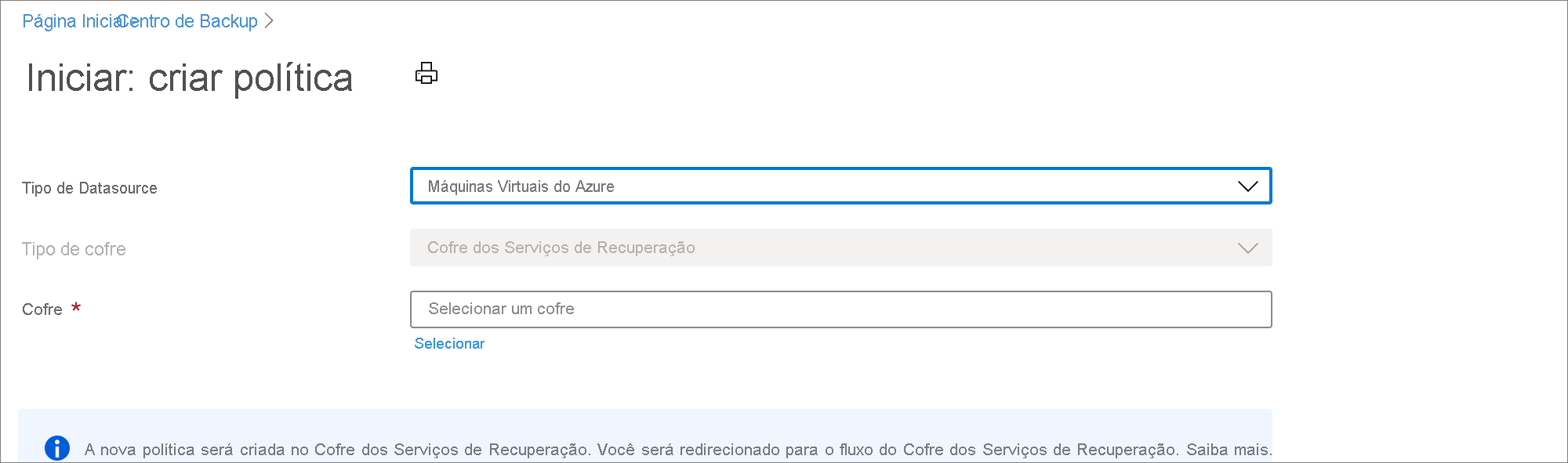 Selecionar a fonte de dados da política para backup de VM