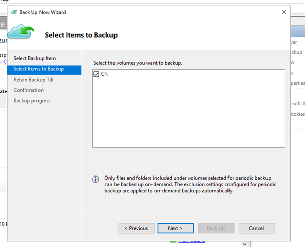 A Captura de tela mostra como selecionar um subconjunto de volumes de backup periódico para um backup sob demanda.