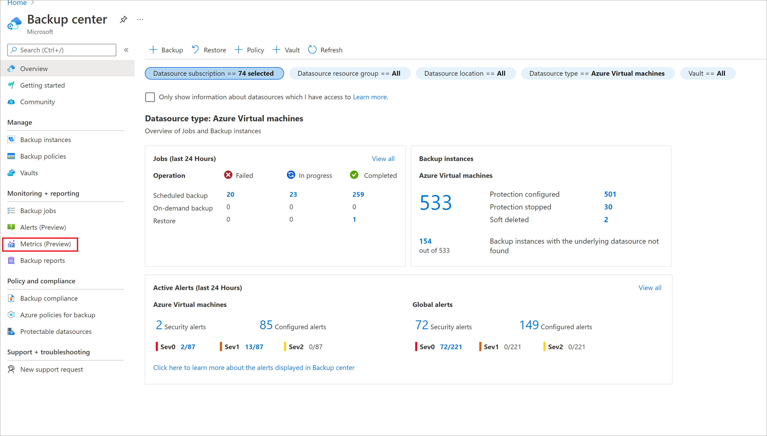 Captura de tela que mostra como selecionar métricas no Centro de Backup.