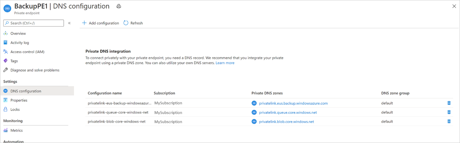 Configuração de DNS na zona DNS privada do Azure